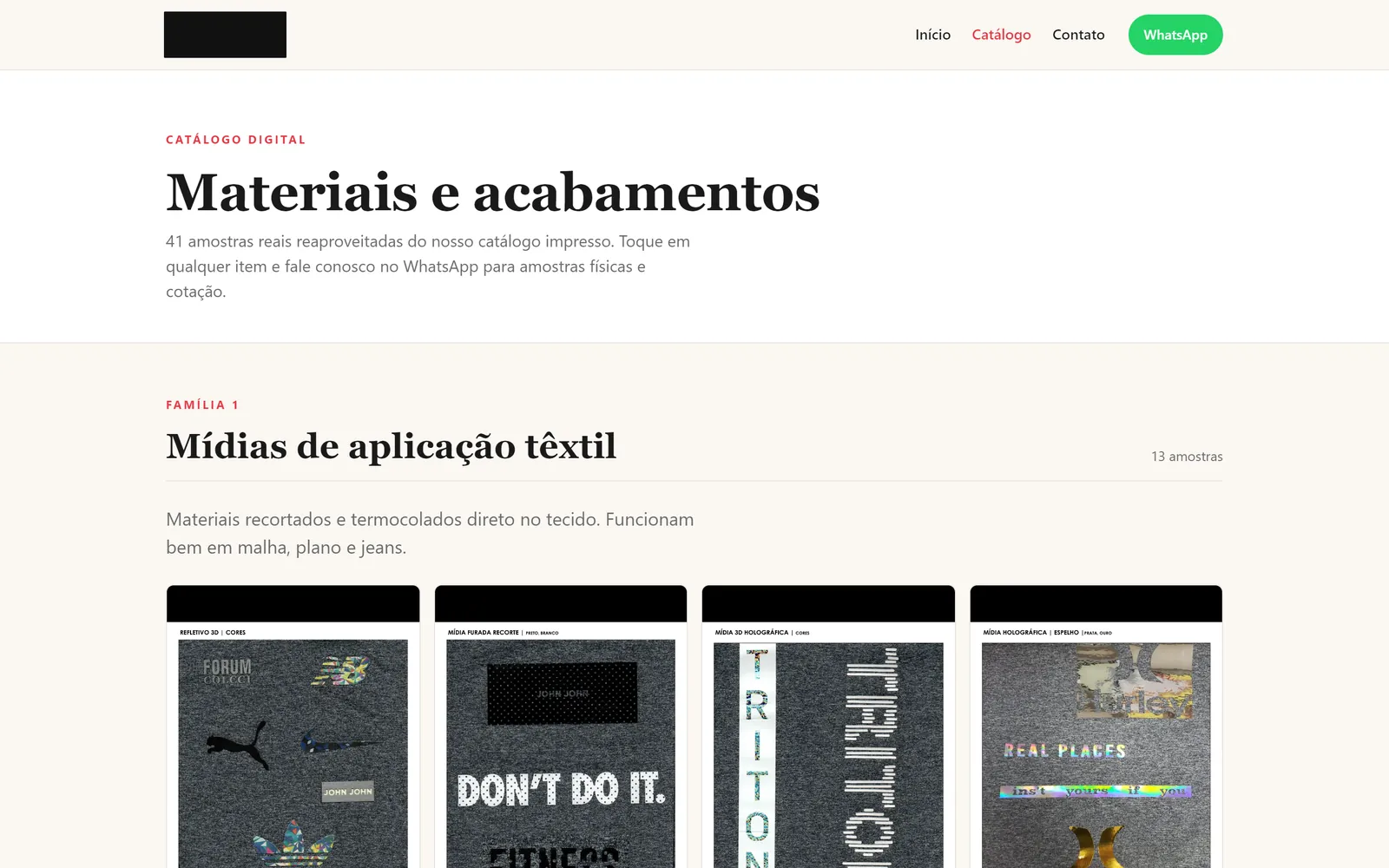Catálogo digital de materiais têxteis organizado por família, marcas tarjadas.