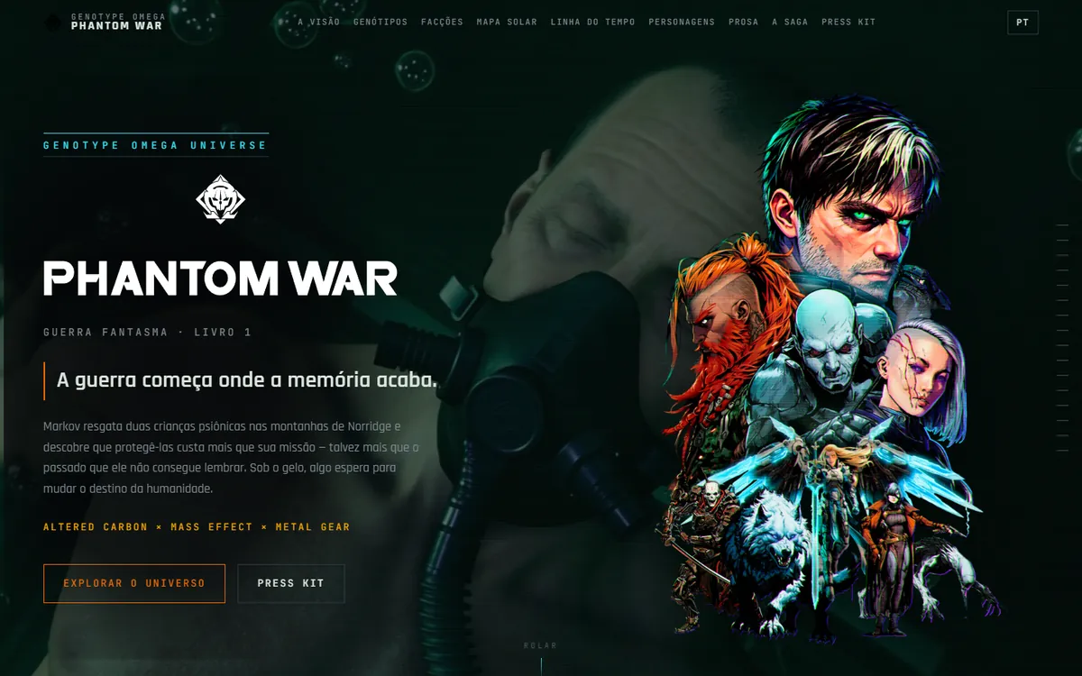 Hotsite do universo Phantom War com personagens ilustrados e menu de facções, mapa e linha do tempo.