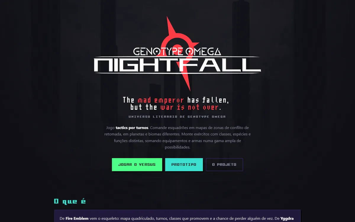 Página do jogo Genotype Omega: Nightfall, com logotipo e botões para jogar o versus e o protótipo.